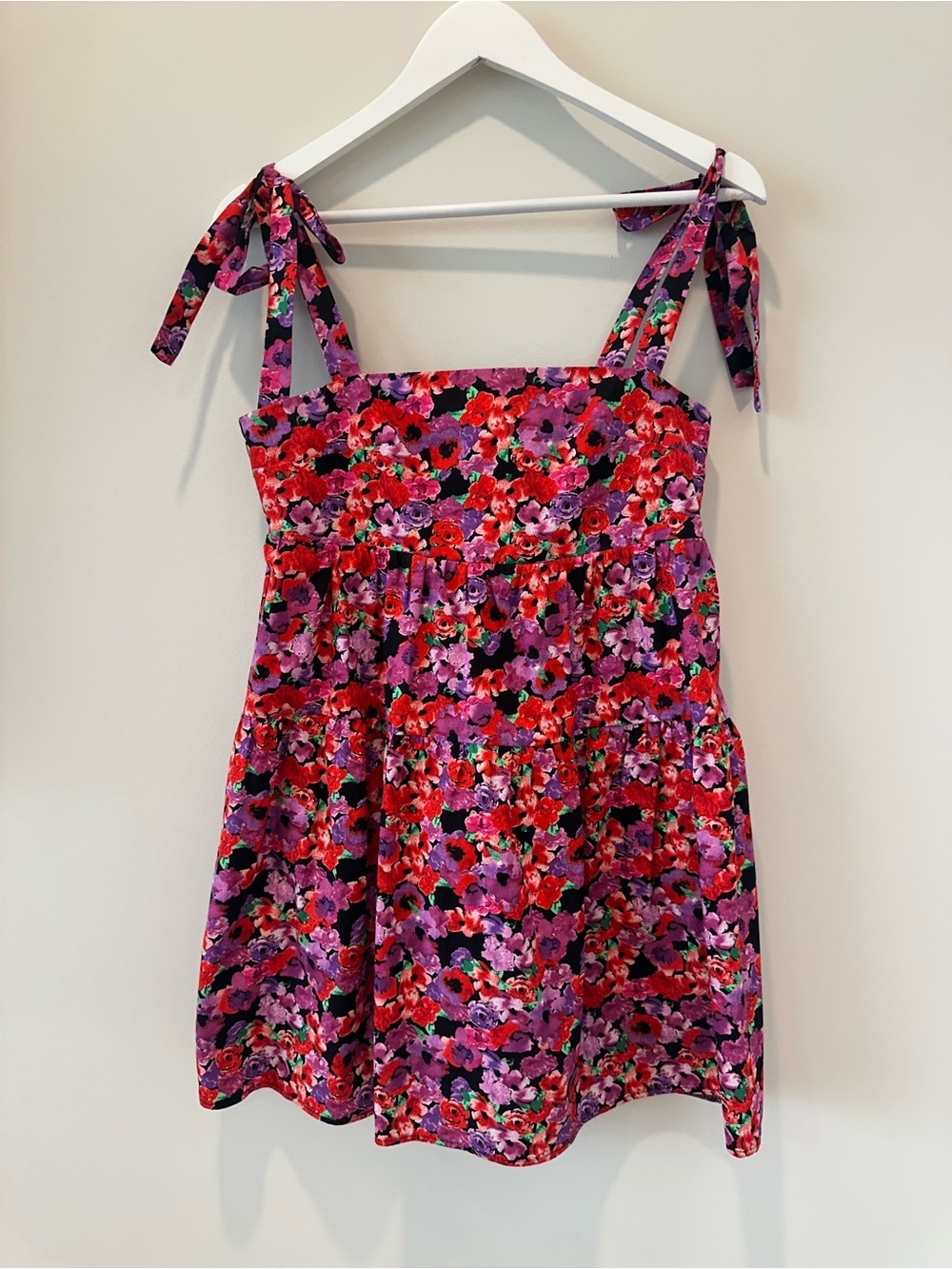 Miss Selfridge Petite Floral Poplin Smock Tie Strap Red Purple Mini Dress Pocket